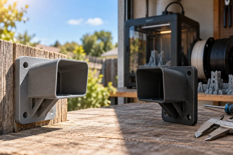Two layered 3D-printed wall-mount brackets, one light gray and one black, sit on a sunlit outdoor workbench beside calipers, a screwdriver, filament spools, and an enclosed desktop printer.