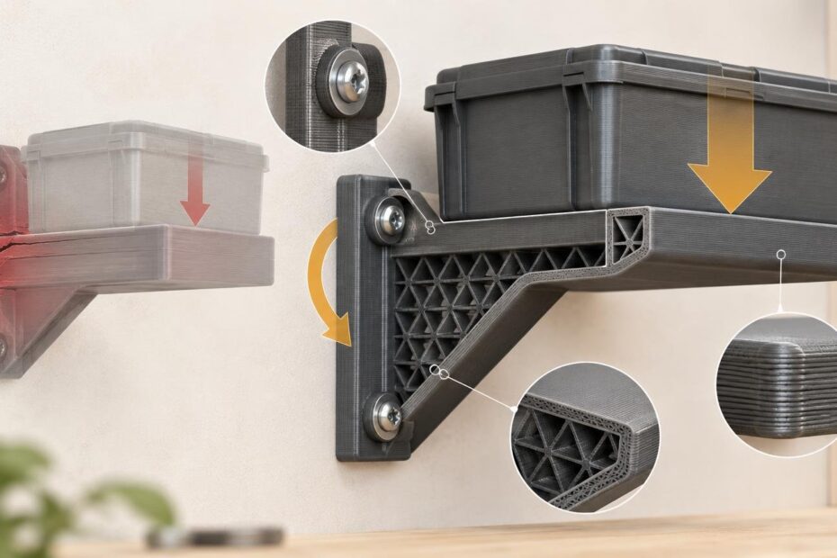 Technical illustration comparing two 3D-printed wall-mounted storage brackets: a faded left bracket shows cracking and red load/rotation arrows, while a larger right bracket supports a black storage bin with triangular internal bracing, visible layer lines, screws, a downward yellow load arrow, and circular detail callouts.