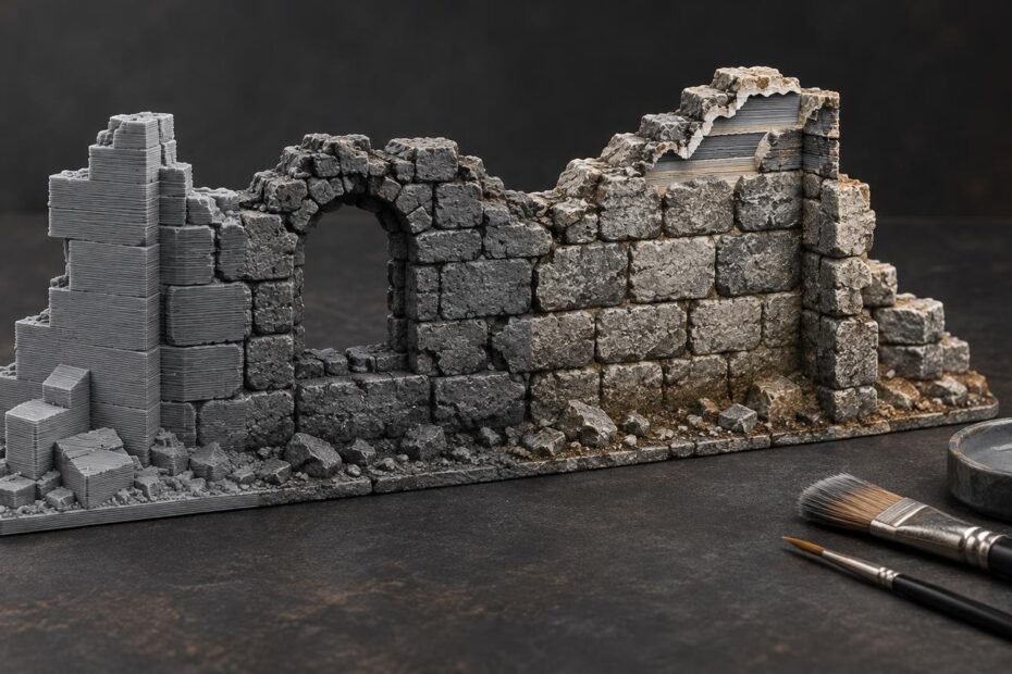 Gray FDM-printed stone ruin terrain piece with an arched doorway, exposed print-layer lines, rubble, two paintbrushes, and a shallow dish on a dark work surface.