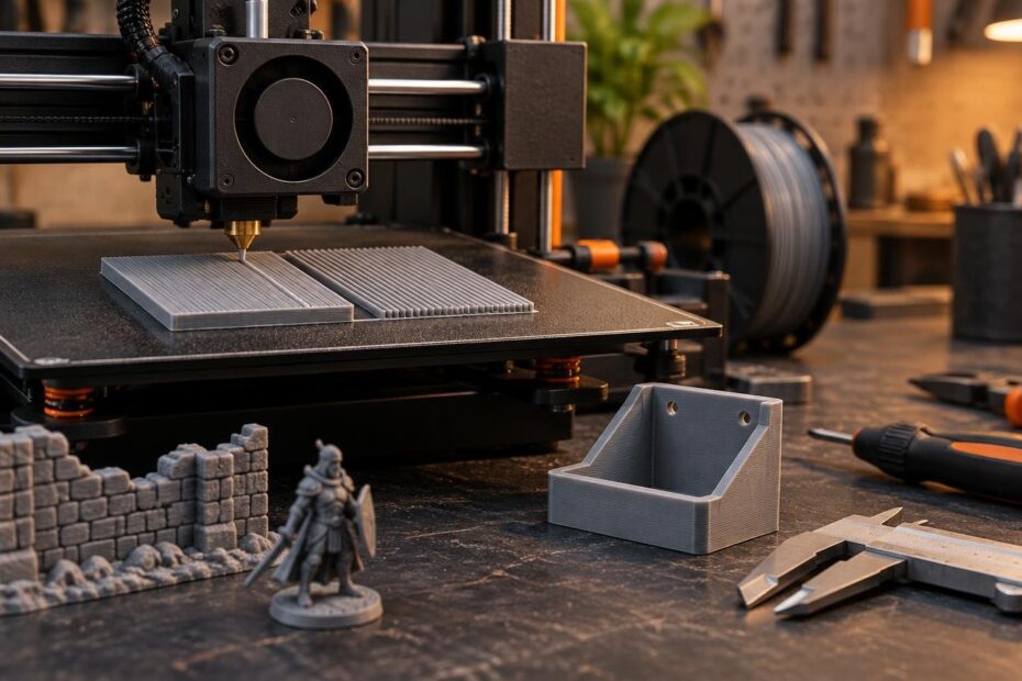Desktop FDM printer extrudes parallel gray test strips on its build plate beside filament, printed terrain and a miniature, a small printed bracket, calipers, and hand tools on a workshop bench.
