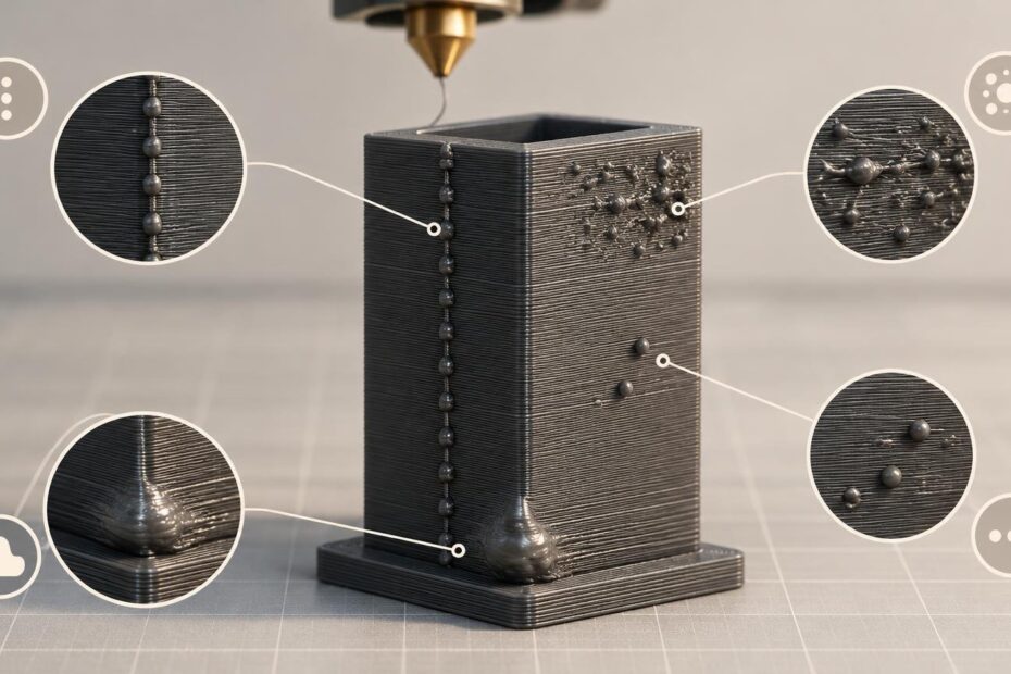 Technical illustration of a dark FDM-printed rectangular container with visible layer lines, a vertical seam of blobs, swollen lower corners, and scattered surface zits, surrounded by circular magnified detail callouts and a printer nozzle above.