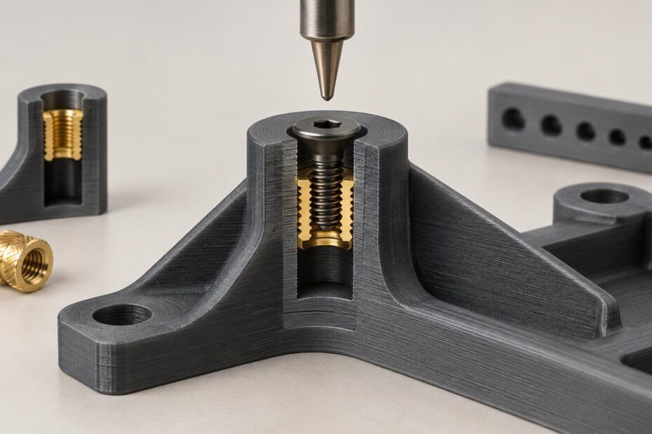 Technical 3D illustration of a dark gray 3D-printed bracket with a cutaway boss showing a brass threaded insert and screw, with a metal installation tip above and extra inserts and test parts in the background.