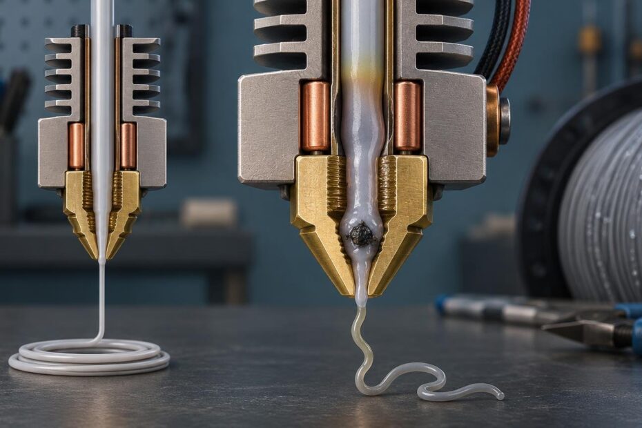 Side-by-side cutaway illustration of two metal 3D-printer hot ends: the left nozzle extrudes a smooth white filament line, while the right nozzle contains a dark obstruction and releases an uneven curled strand. A filament spool and workshop tools are blurred in the background.